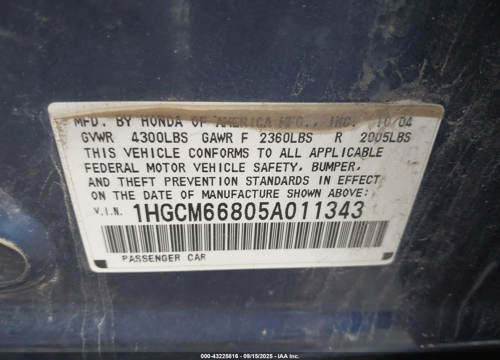 2005 HONDA ACCORD 3.0 EX VIN: 1HGCM66805A011343