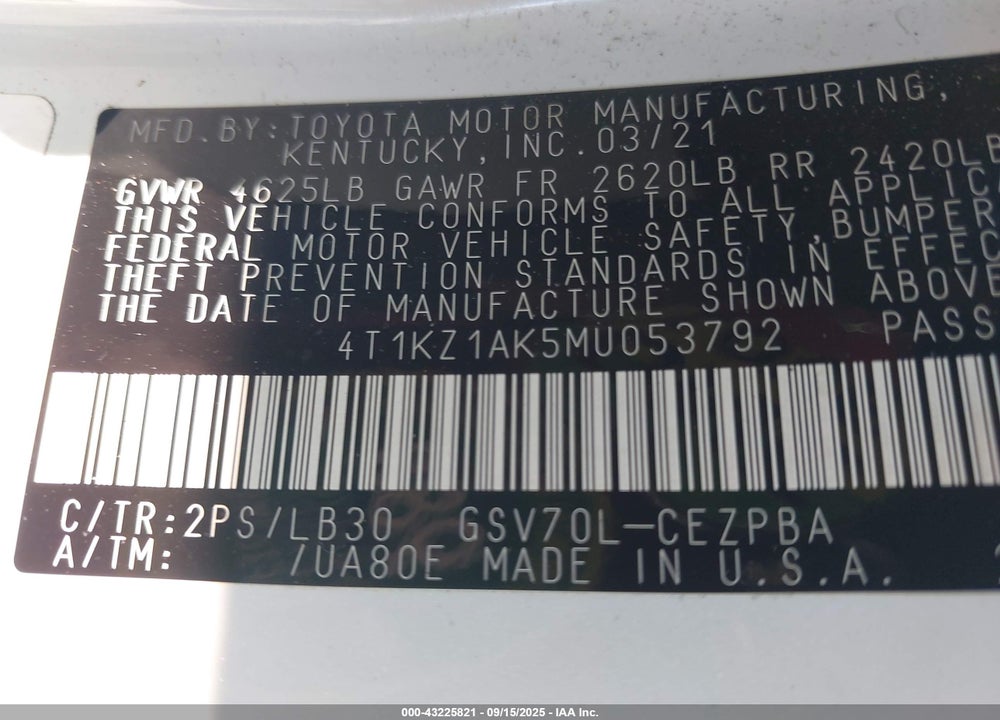 2021 TOYOTA CAMRY VIN: 4T1KZ1AK5MU053792