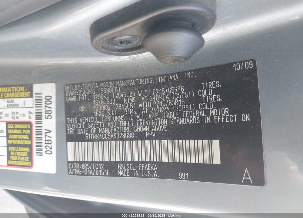 2010 TOYOTA SIENNA LE VIN: 5TDKK4CC5AS328688