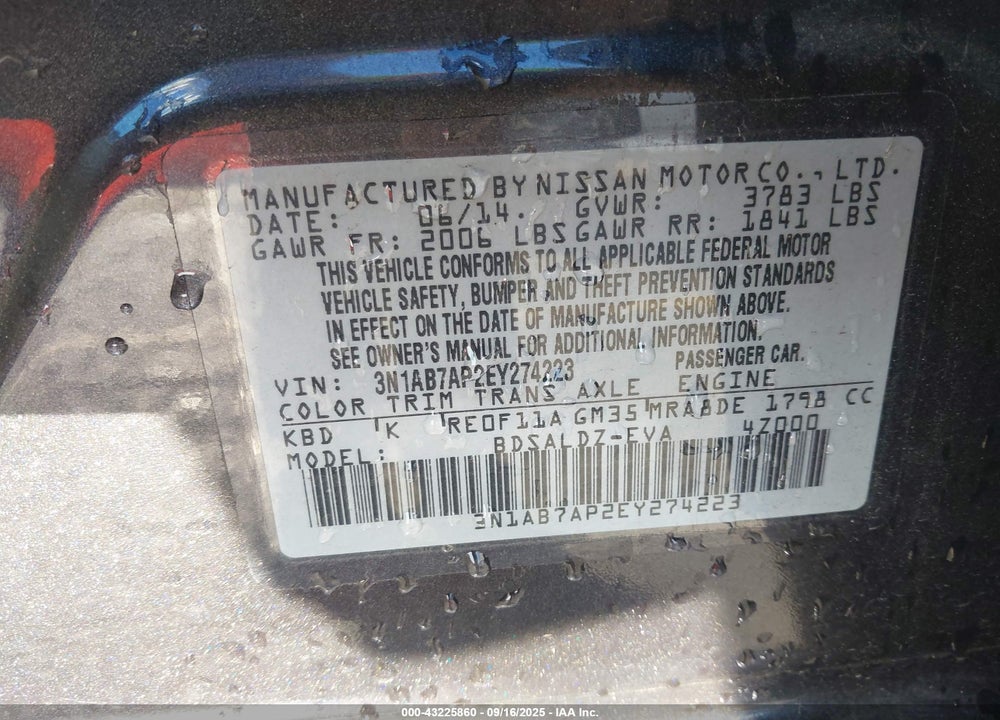 2014 NISSAN SENTRA VIN: 3N1AB7AP2EY274223