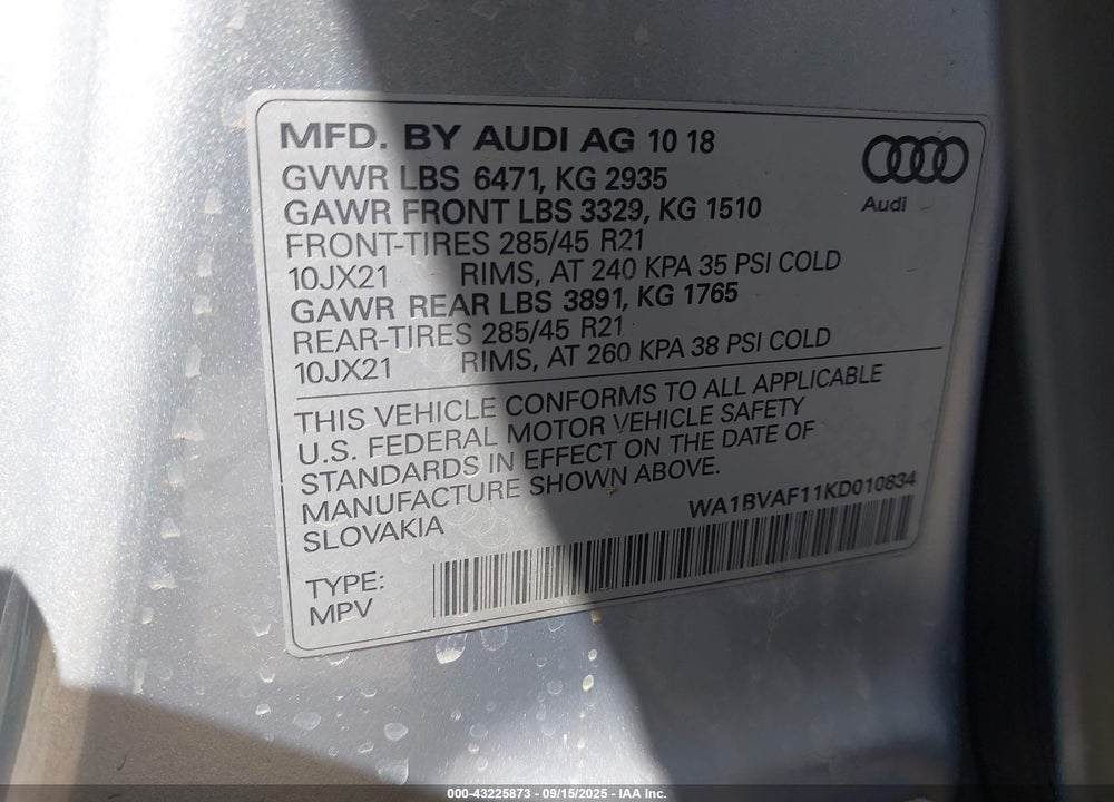 2019 AUDI Q8 VIN: WA1BVAF11KD010834