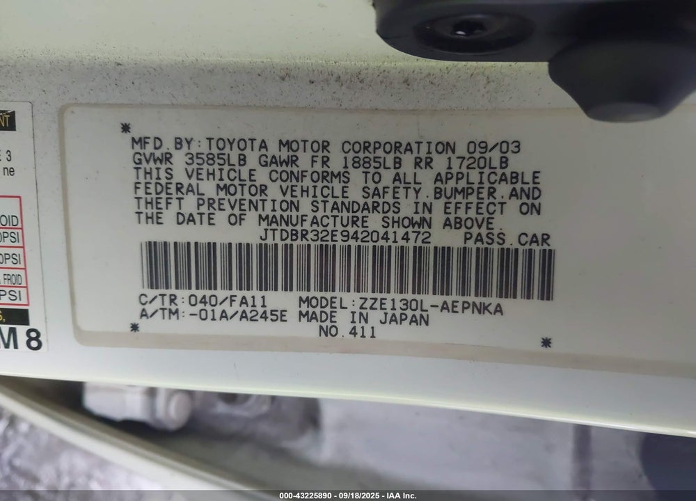 2004 TOYOTA COROLLA LE VIN: JTDBR32E942041472