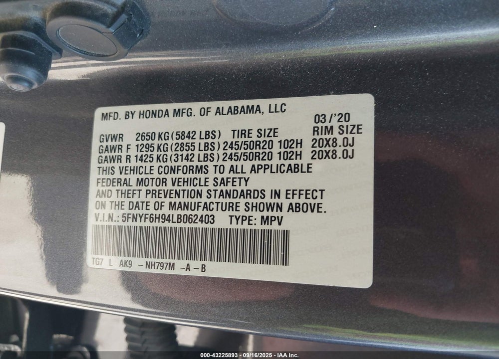 2020 HONDA PILOT VIN: 5FNYF6H94LB062403