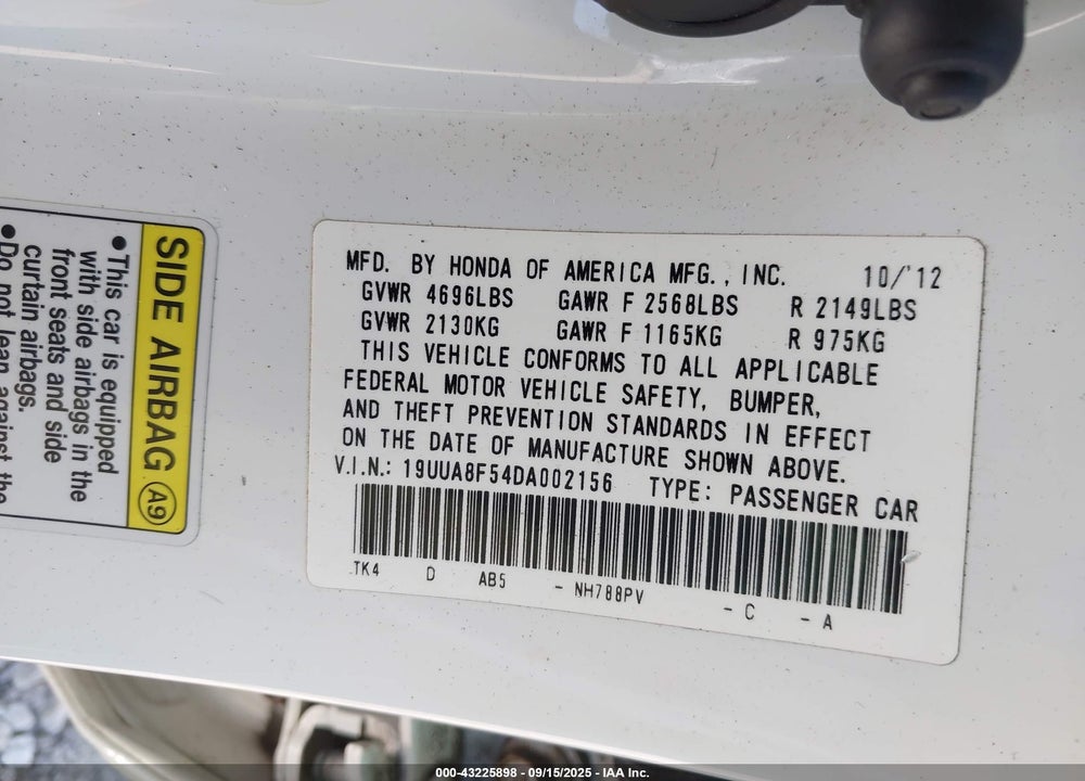 2013 ACURA TL VIN: 19UUA8F54DA002156