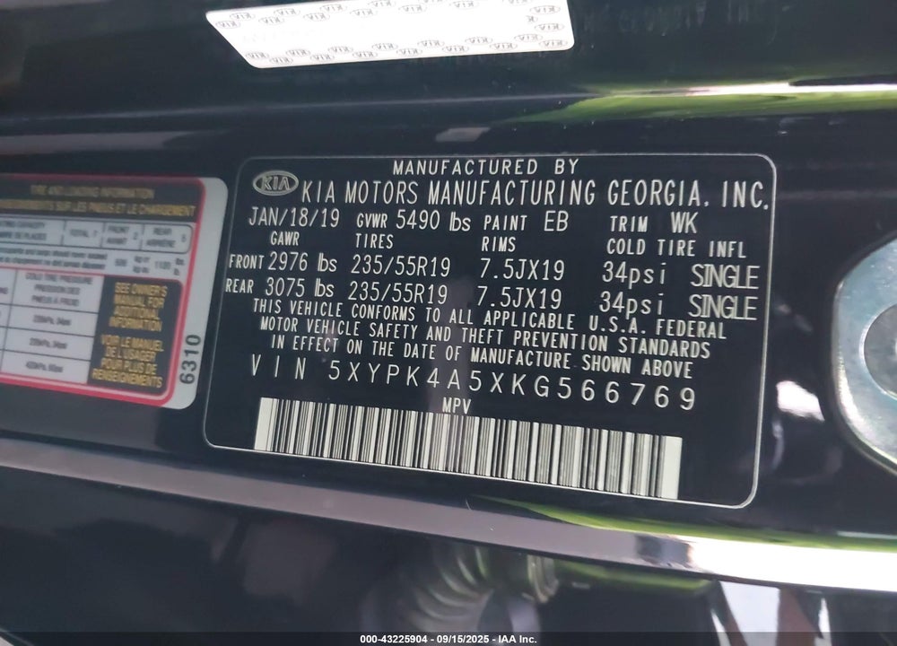 2019 KIA SORENTO 3.3L SXL VIN: 5XYPK4A5XKG566769