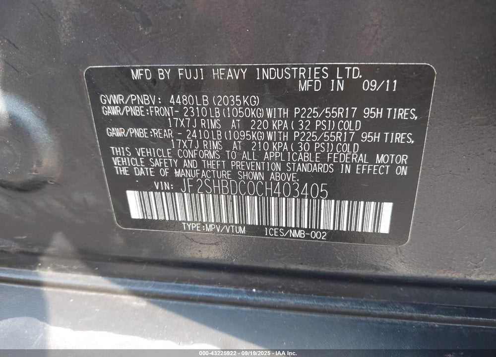 2012 SUBARU FORESTER VIN: JF2SHBDC0CH403405