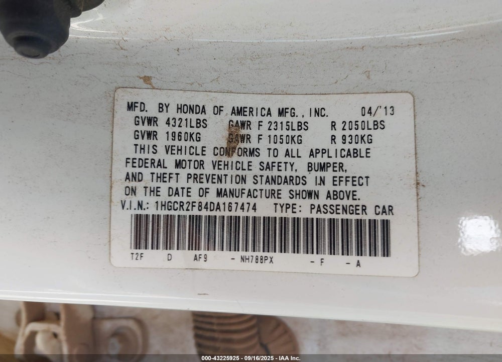2013 HONDA ACCORD EX-L VIN: 1HGCR2F84DA167474