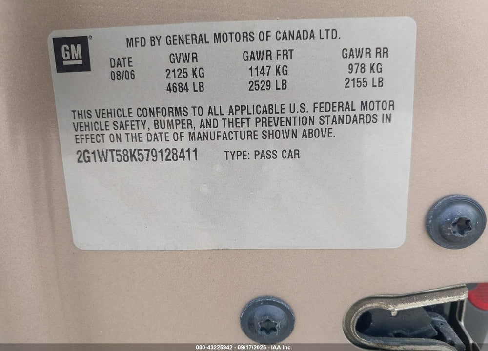 2007 CHEVROLET IMPALA LT VIN: 2G1WT58K579128411