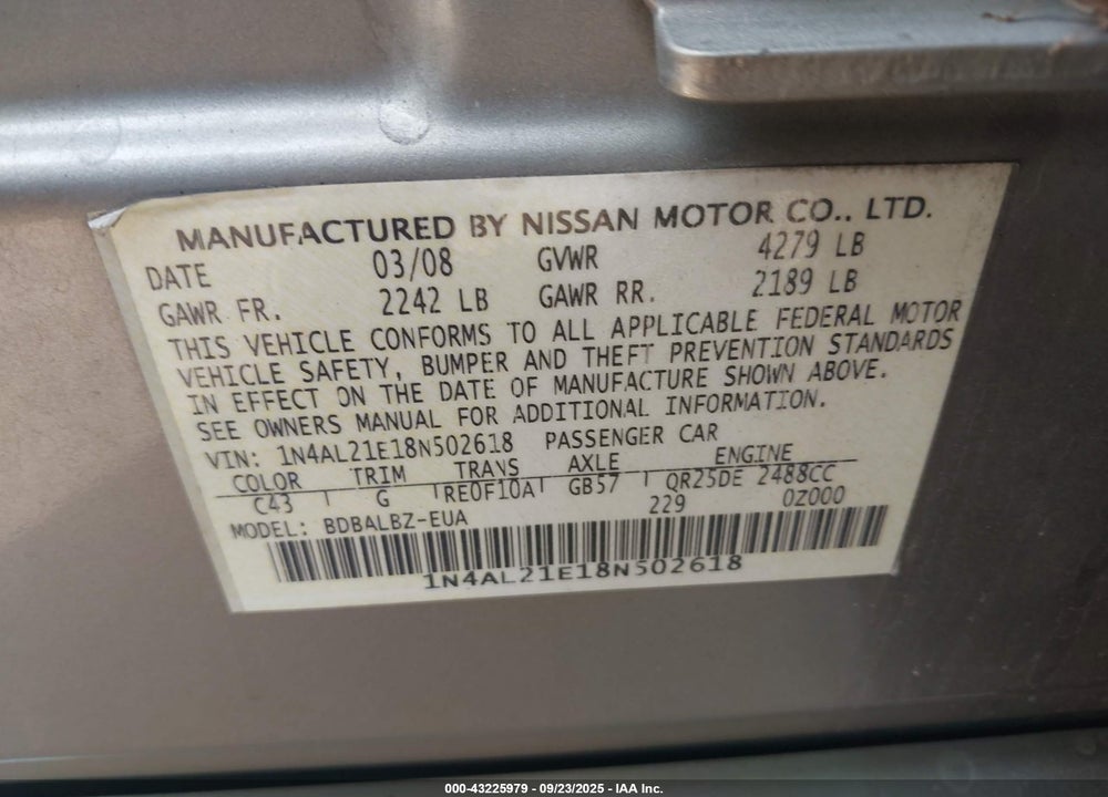 2008 NISSAN ALTIMA VIN: 1N4AL21E18N502618