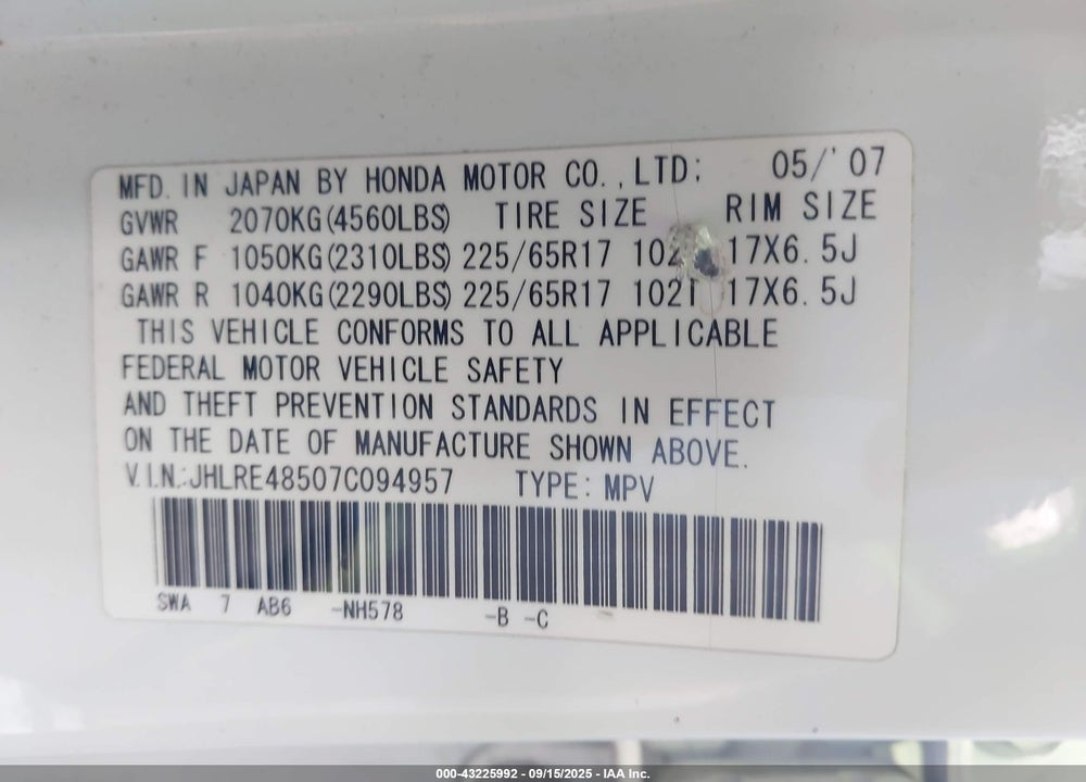 2007 HONDA CR-V EX VIN: JHLRE48507C094957