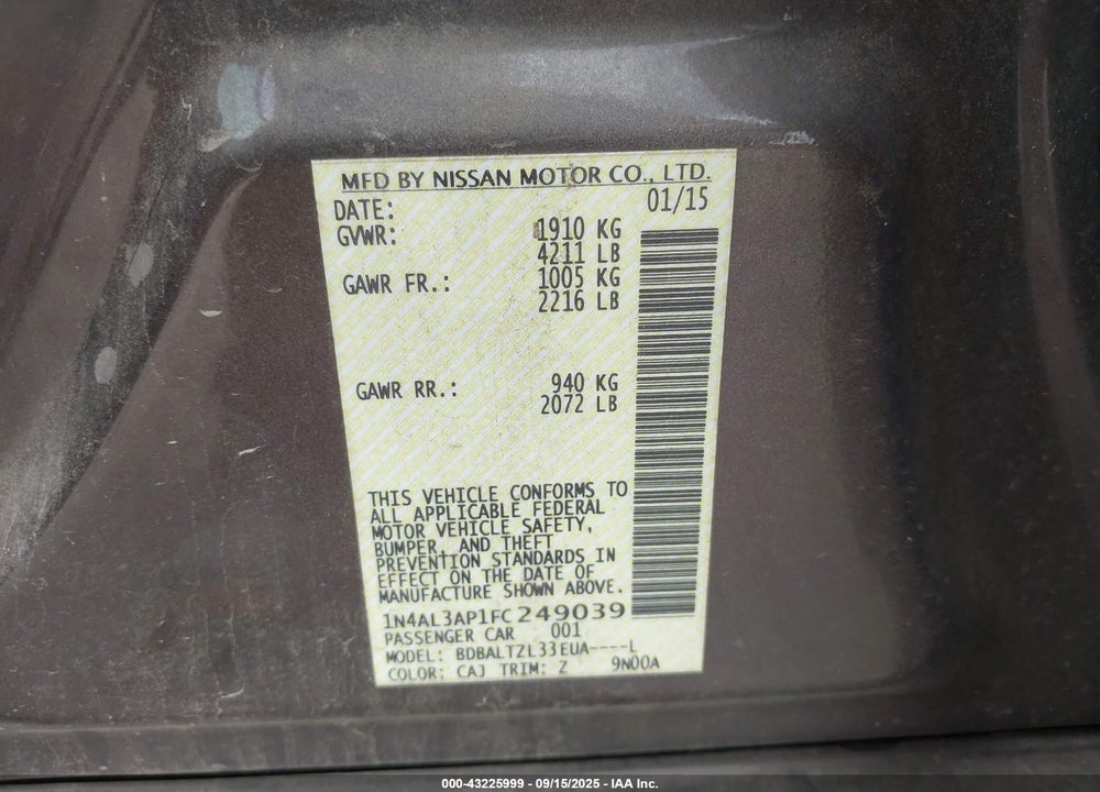 2015 NISSAN ALTIMA 2.5 SL VIN: 1N4AL3AP1FC249039