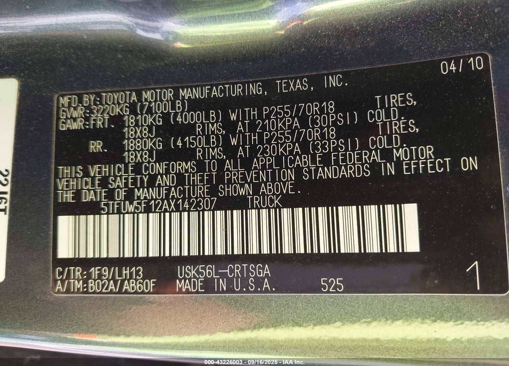 2010 TOYOTA TUNDRA GRADE 5.7L V8 VIN: 5TFUW5F12AX142307