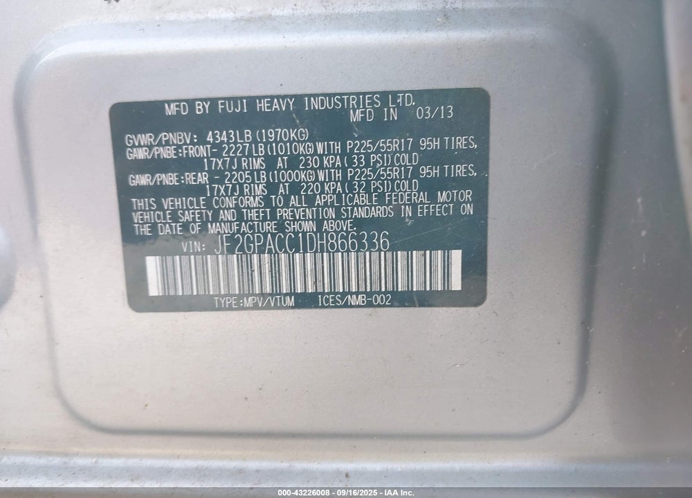 2013 SUBARU XV CROSSTREK VIN: JF2GPACC1DH866336