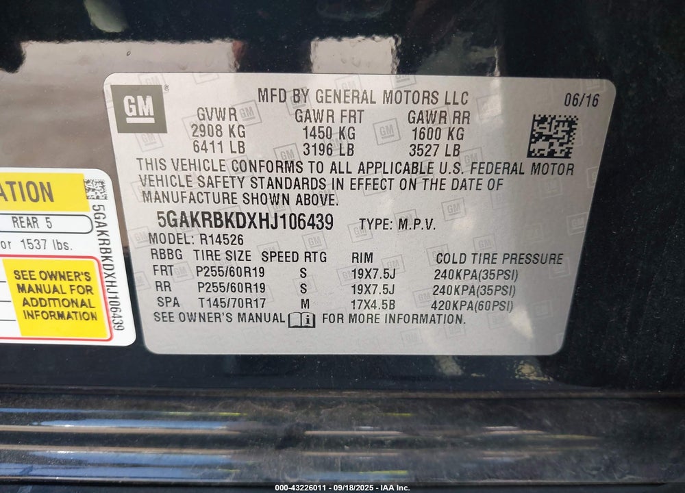 2017 BUICK ENCLAVE LEATHER VIN: 5GAKRBKDXHJ106439