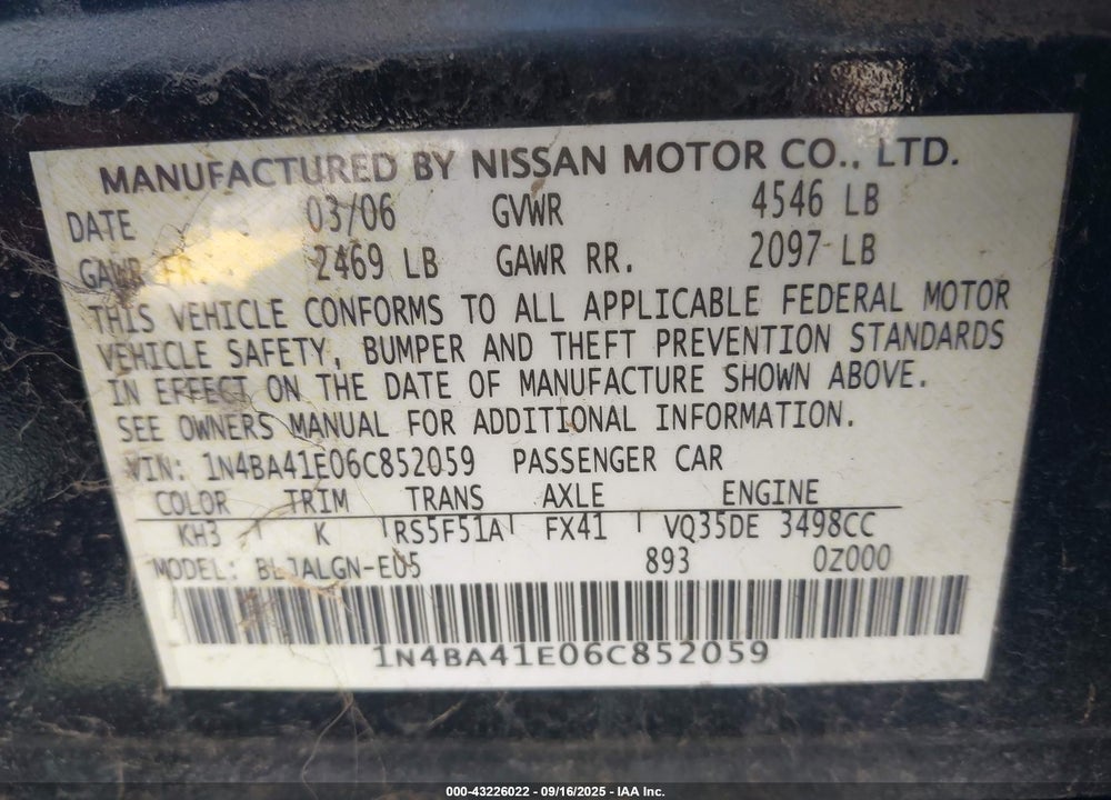 2006 NISSAN MAXIMA 3.5 SL VIN: 1N4BA41E06C852059