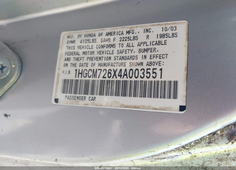 2004 HONDA ACCORD 2.4 EX VIN: 1HGCM726X4A003551