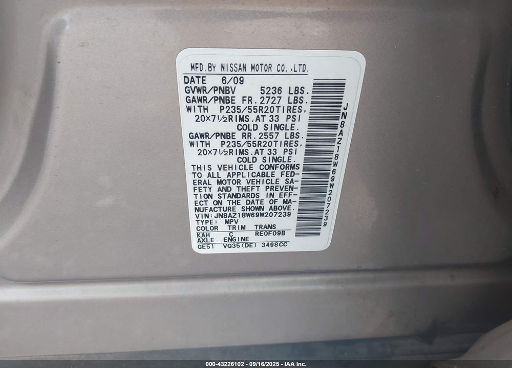 2009 NISSAN MURANO VIN: JN8AZ18W69W207239