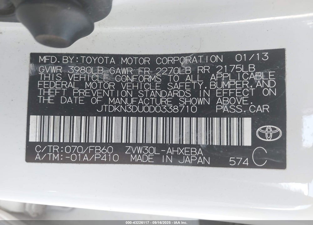 2013 TOYOTA PRIUS VIN: JTDKN3DU0D0338710