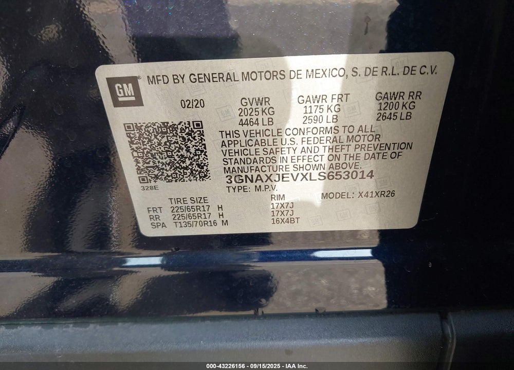 2020 CHEVROLET EQUINOX VIN: 3GNAXJEVXLS653014
