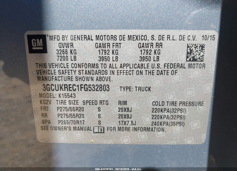 2015 CHEVROLET SILVERADO 1500 1LT VIN: 3GCUKREC1FG532803