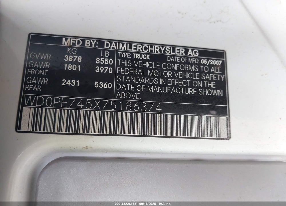 2007 DODGE SPRINTER VAN 2500 VIN: WD0PE745X75186374