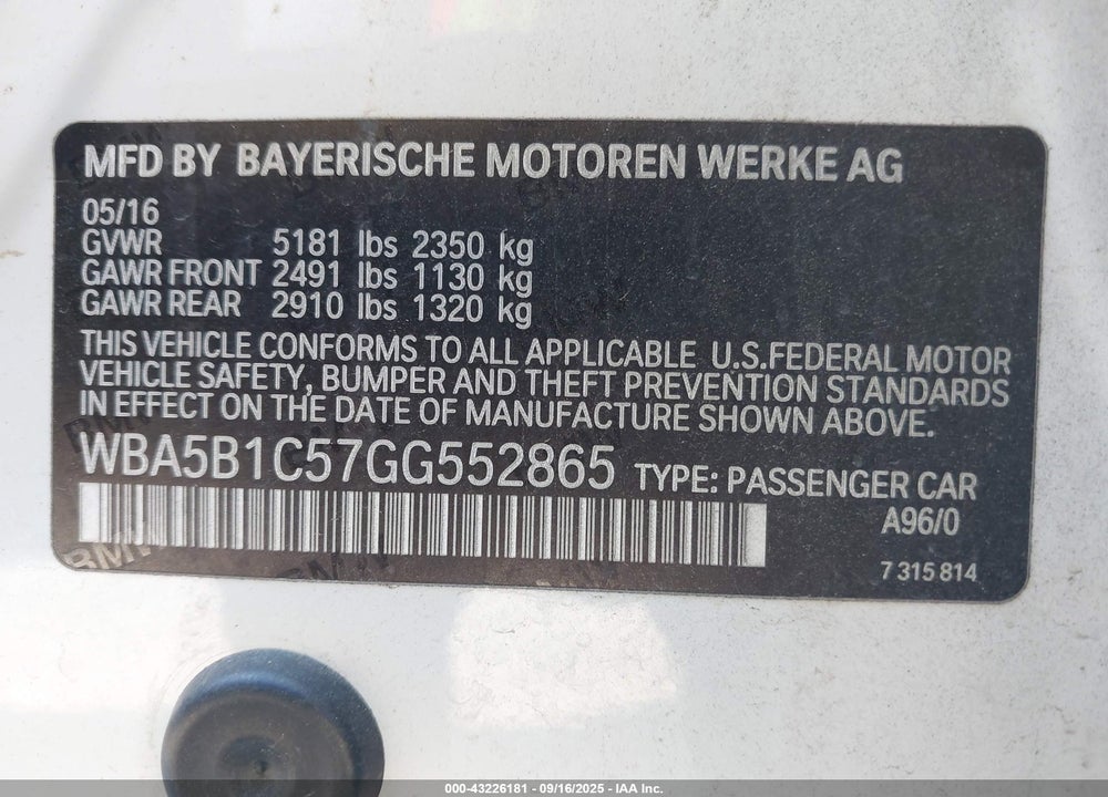 2016 BMW 535I VIN: WBA5B1C57GG552865