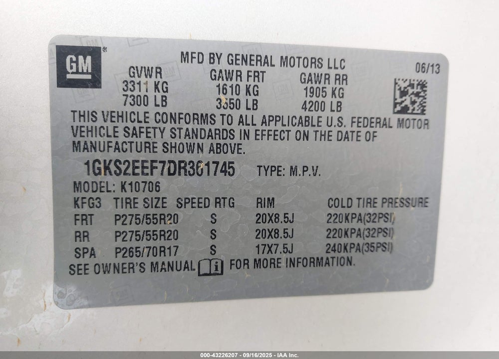 2013 GMC YUKON DENALI VIN: 1GKS2EEF7DR361745