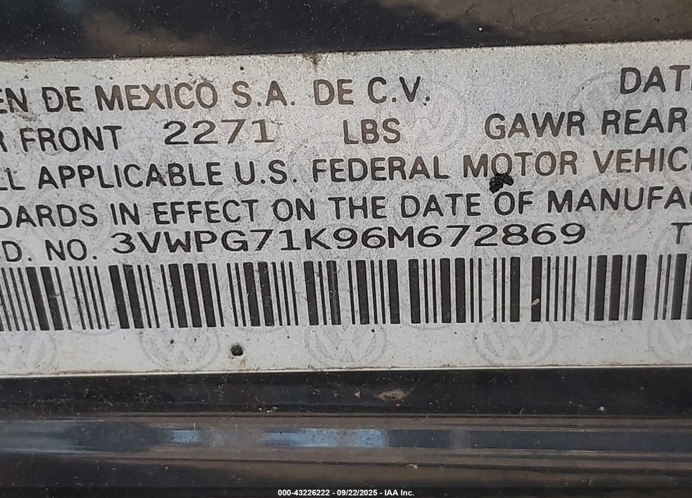 2006 VOLKSWAGEN JETTA VALUE EDITION VIN: 3VWPG71K96M672869