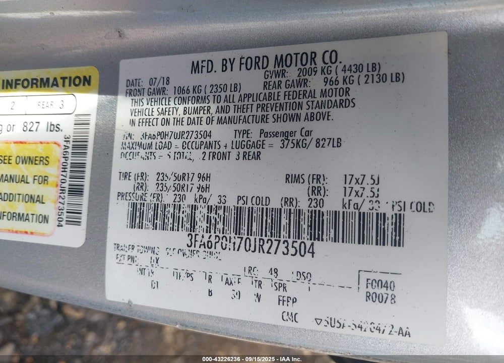 2018 FORD FUSION SE VIN: 3FA6P0H70JR273504