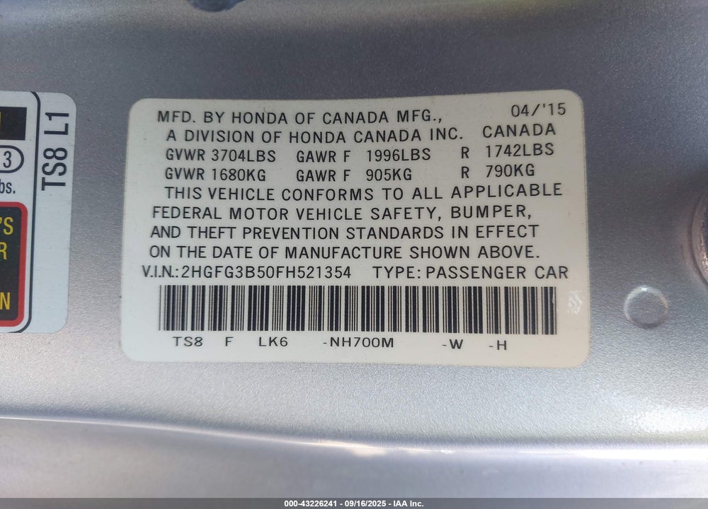 2015 HONDA CIVIC VIN: 2HGFG3B50FH521354