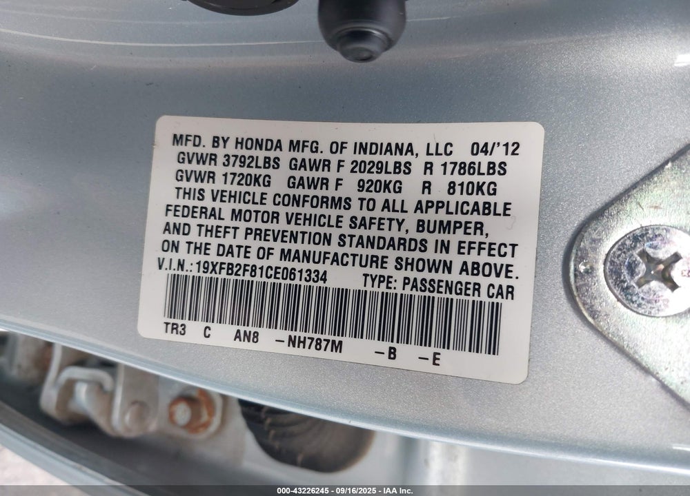 2012 HONDA CIVIC VIN: 19XFB2F81CE061334