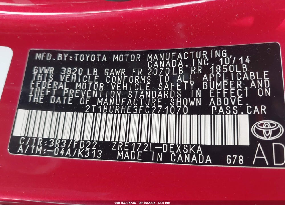 2015 TOYOTA COROLLA S PLUS VIN: 2T1BURHE3FC271070