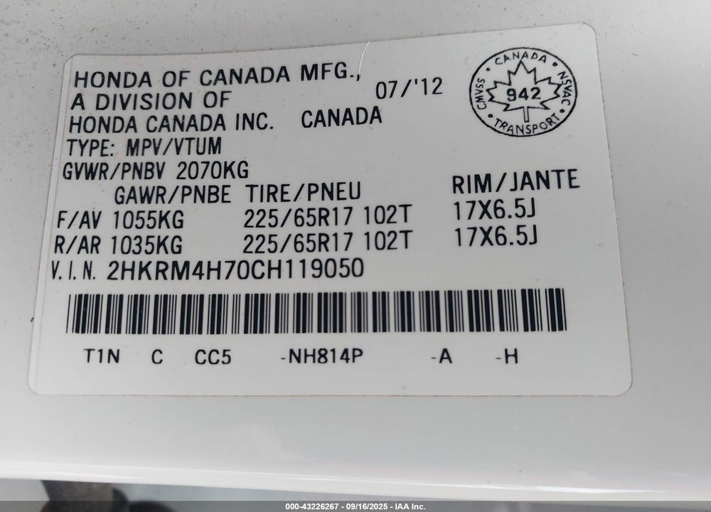 2012 HONDA CR-V EX-L VIN: 2HKRM4H70CH119050