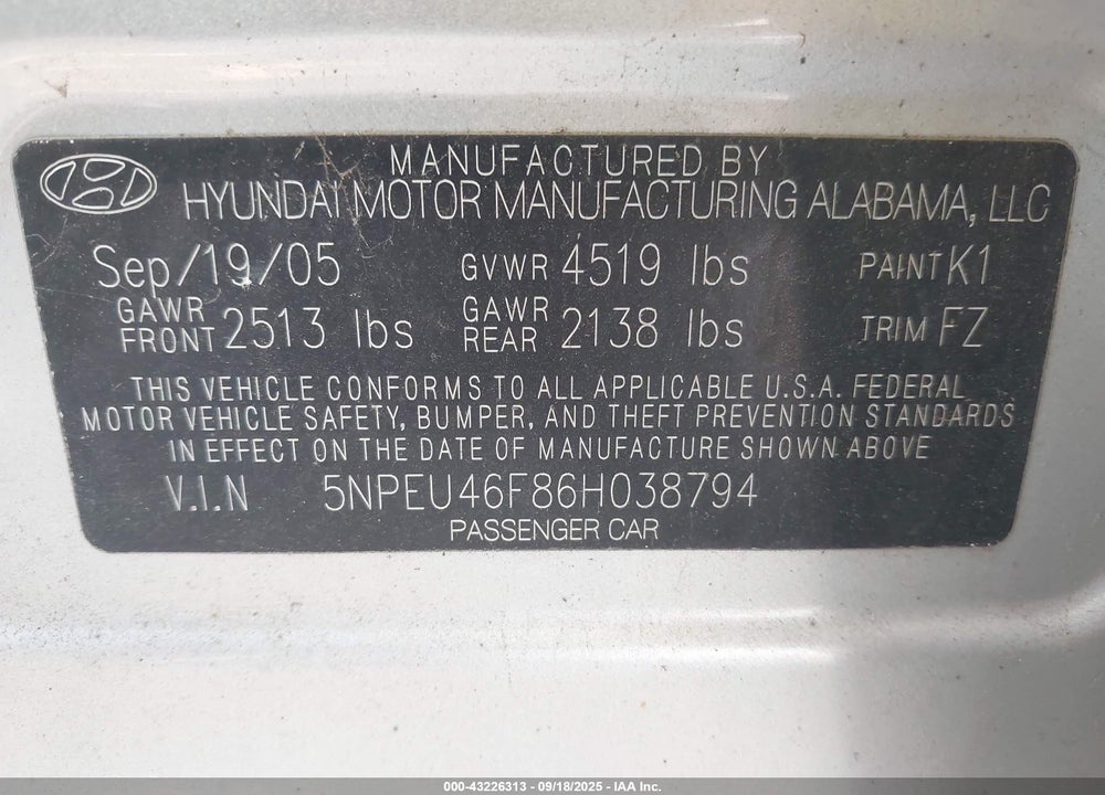 2006 HYUNDAI SONATA GLS V6/LX V6 VIN: 5NPEU46F86H038794