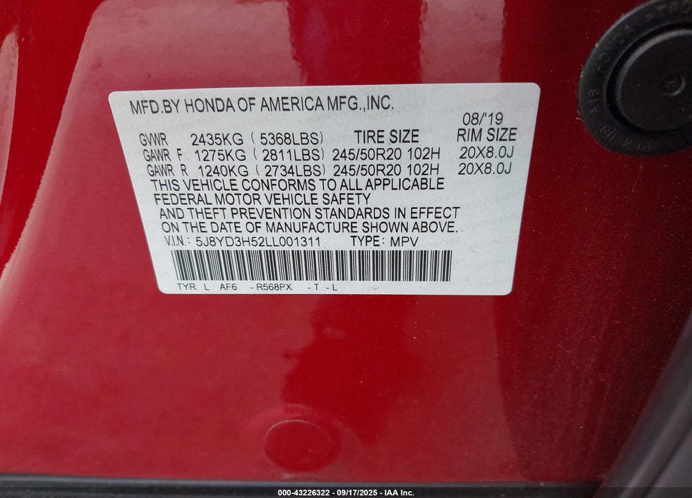 2020 ACURA MDX VIN: 5J8YD3H52LL001311