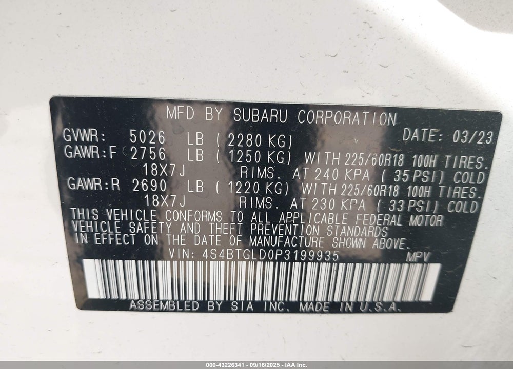 2023 SUBARU OUTBACK VIN: 4S4BTGLD0P3199935
