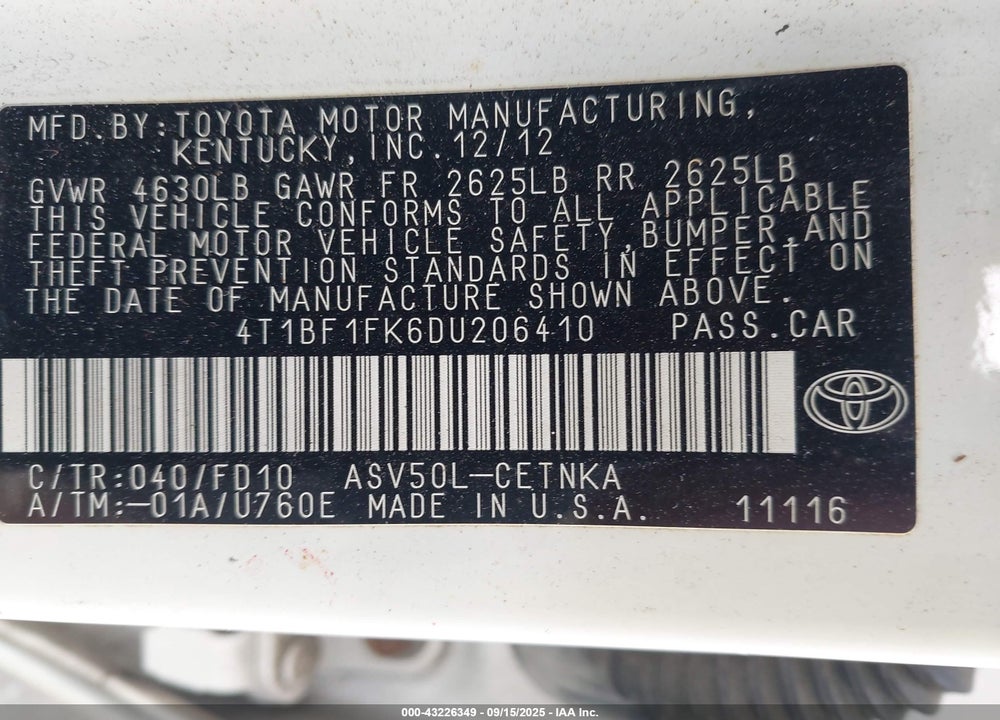 2013 TOYOTA CAMRY VIN: 4T1BF1FK6DU206410
