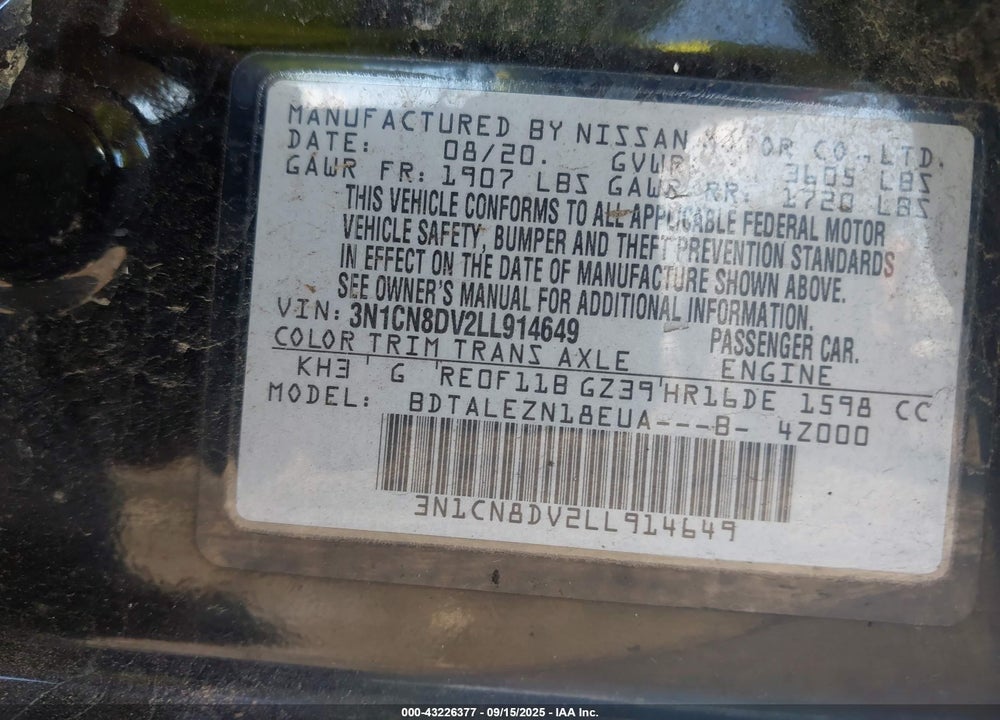 2020 NISSAN VERSA VIN: 3N1CN8DV2LL914649