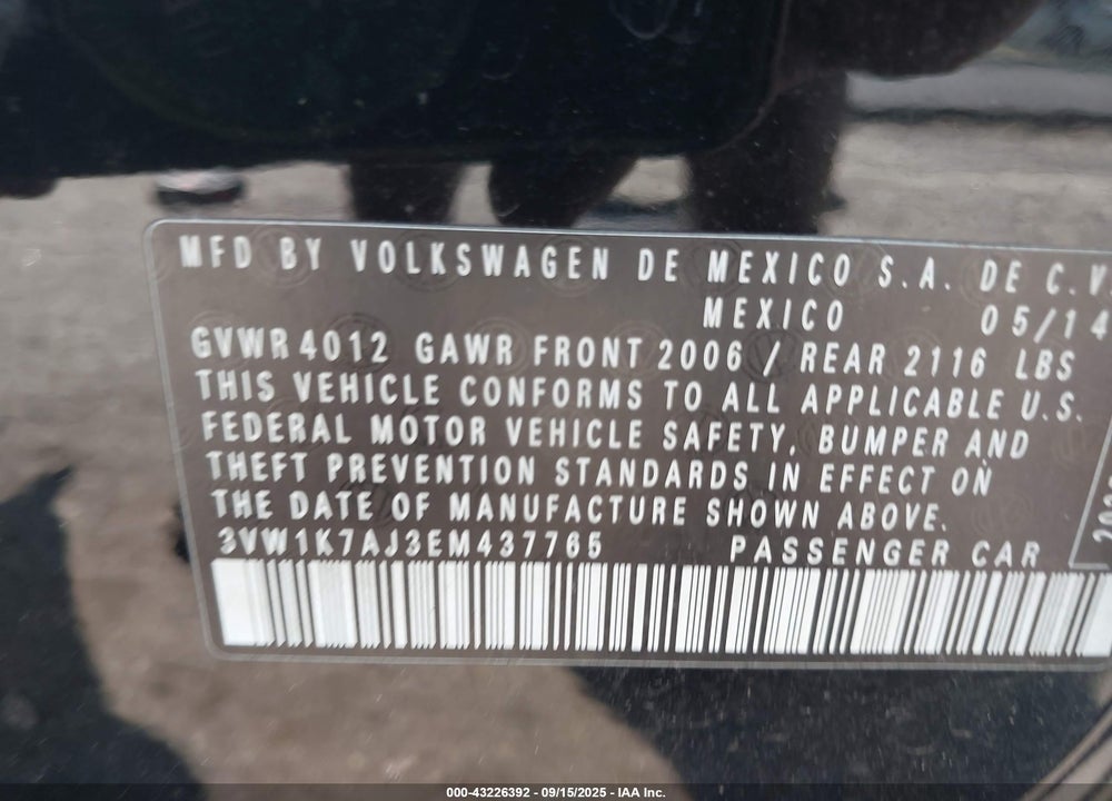 2014 VOLKSWAGEN JETTA VIN: 3VW1K7AJ3EM437765