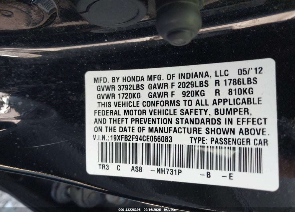 2012 HONDA CIVIC EX-L VIN: 19XFB2F94CE066083