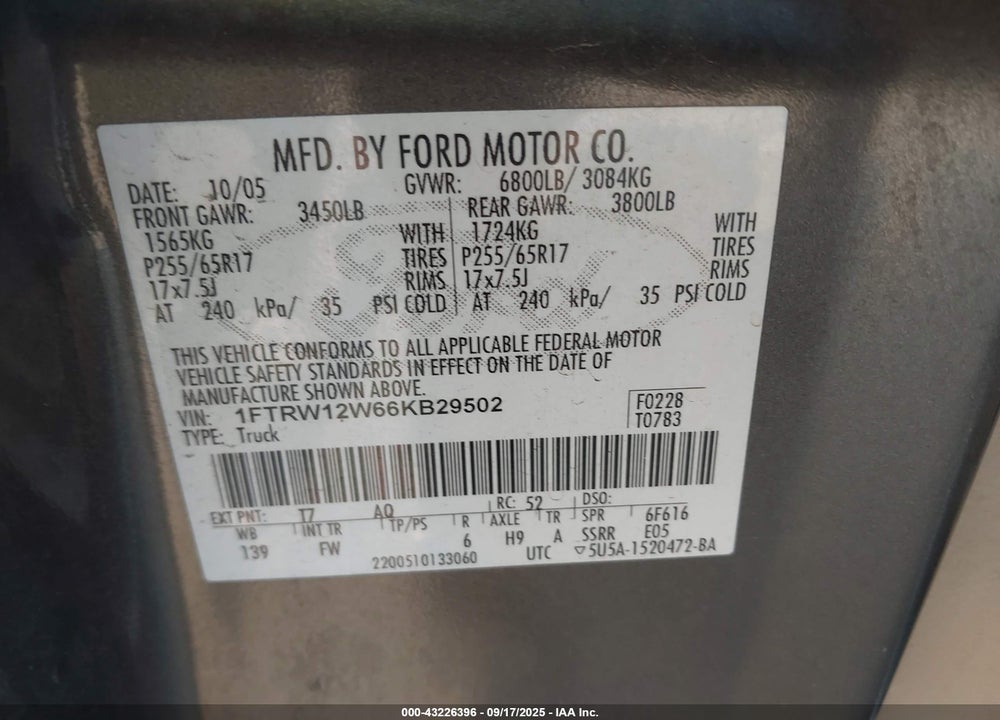 2006 FORD F-150 XLT VIN: 1FTRW12W66KB29502