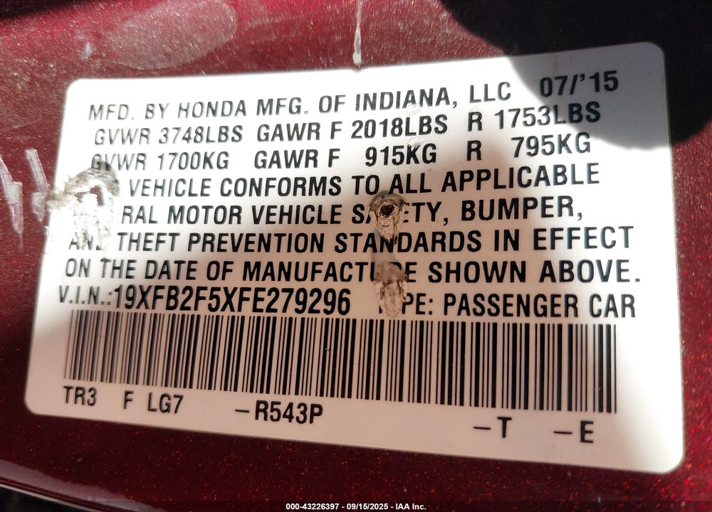 2015 HONDA CIVIC LX VIN: 19XFB2F5XFE279296