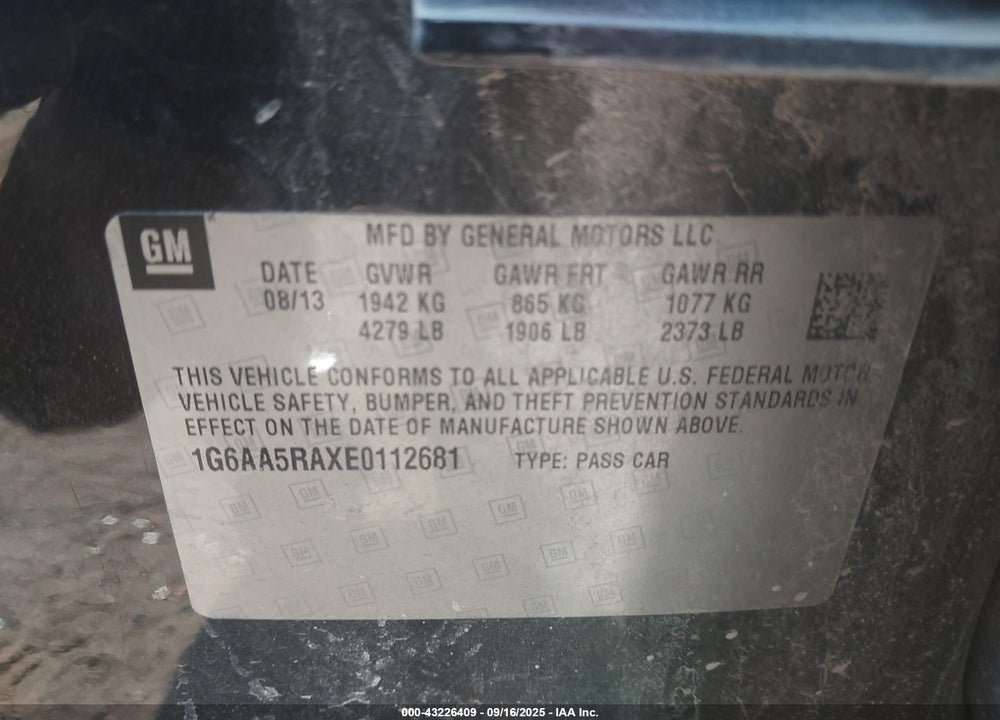 2014 CADILLAC ATS STANDARD VIN: 1G6AA5RAXE0112681