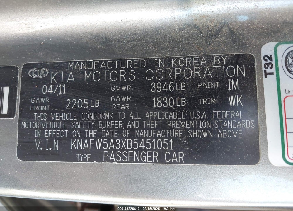 2011 KIA FORTE VIN: KNAFW5A3XB5451051