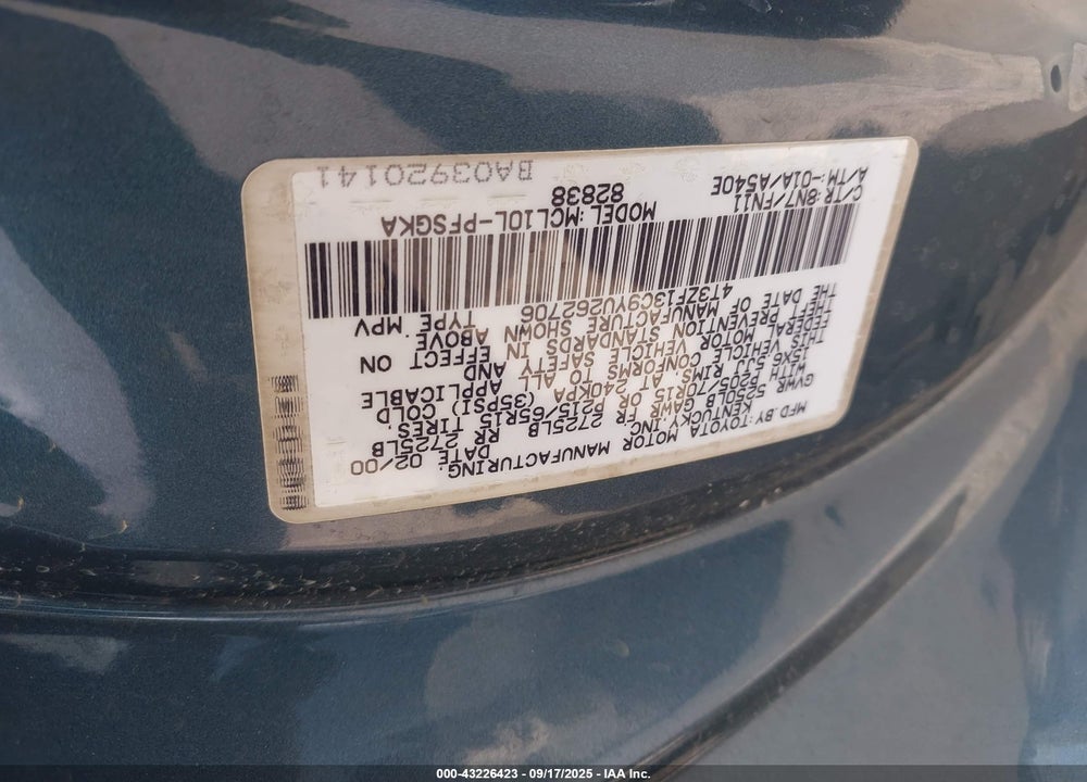 2000 TOYOTA SIENNA LE VIN: 4T3ZF13C9YU262706