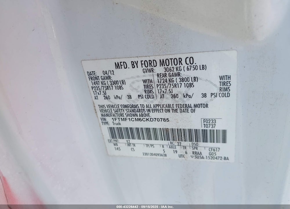 2012 FORD F-150 VIN: 1FTMF1CM6CKD70785