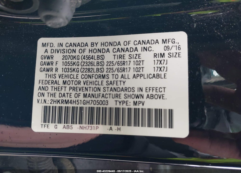 2016 HONDA CR-V VIN: 2HKRM4H51GH705003