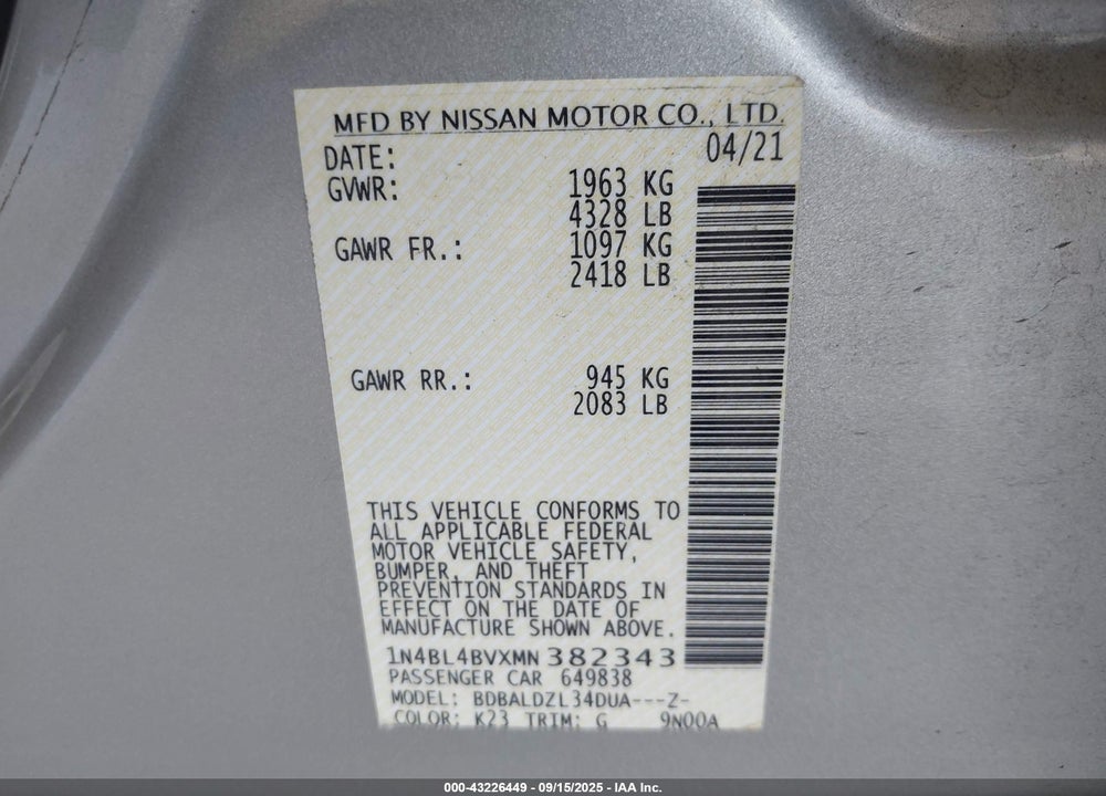 2021 NISSAN ALTIMA VIN: 1N4BL4BVXMN382343
