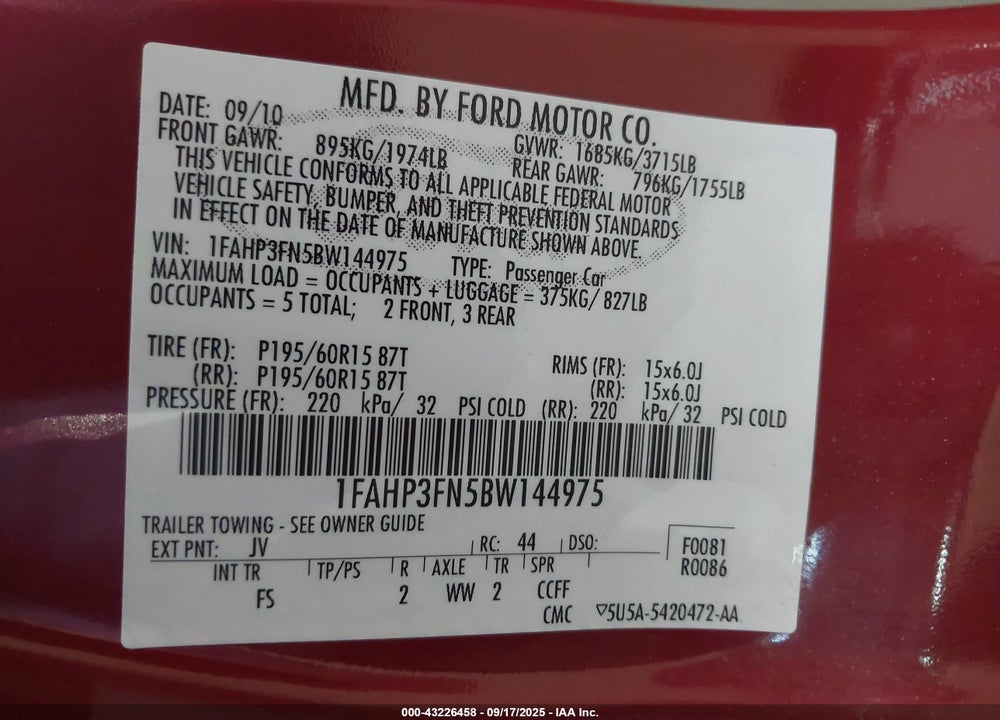 2011 FORD FOCUS VIN: 1FAHP3FN5BW144975