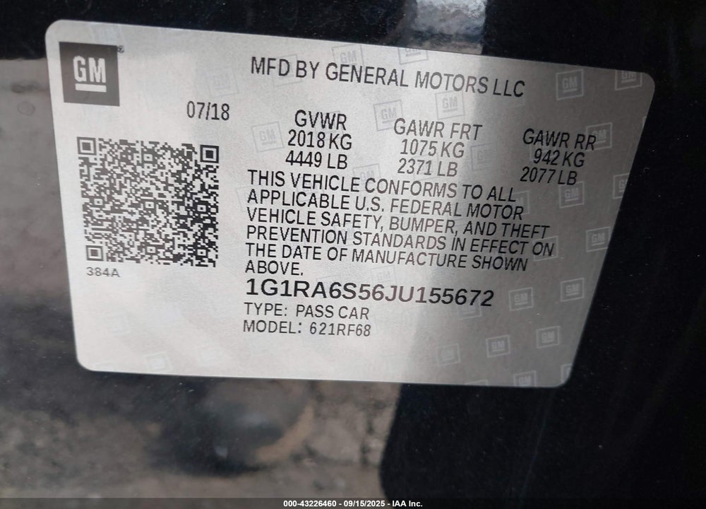 2018 CHEVROLET VOLT VIN: 1G1RA6S56JU155672